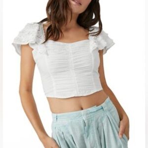 Free People Thank You Very Sweetly Crop Ruffle Top White Cotton Size Small